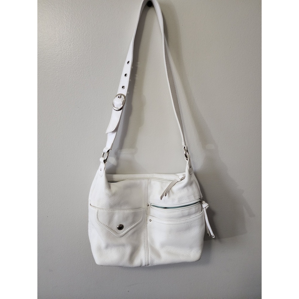 Stone & Co White Pebbled Leather Multi Pocket Shoulder Bag Hobo Purse